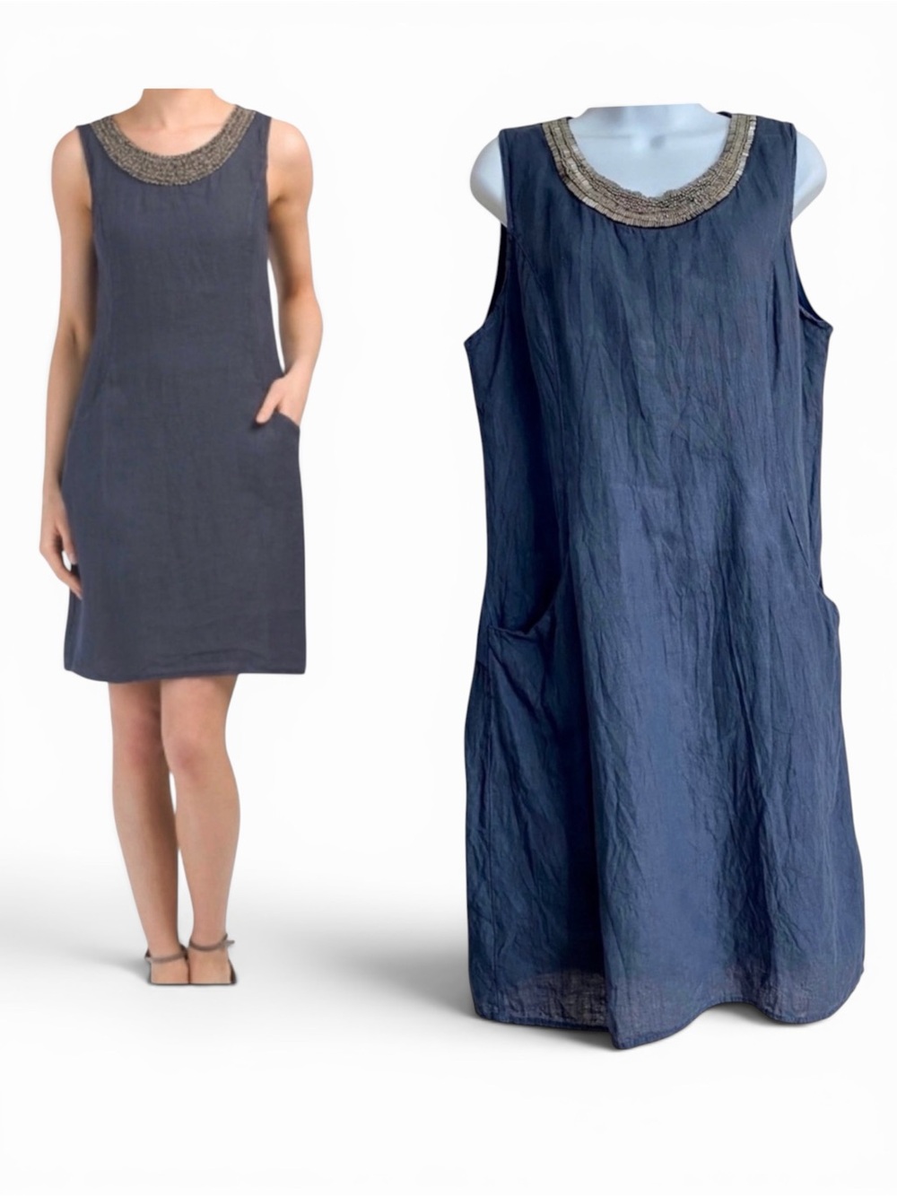 Lina Tomei Navy Blue Italy Linen Dress Large Beaded Neck Pocket Sleeveless
